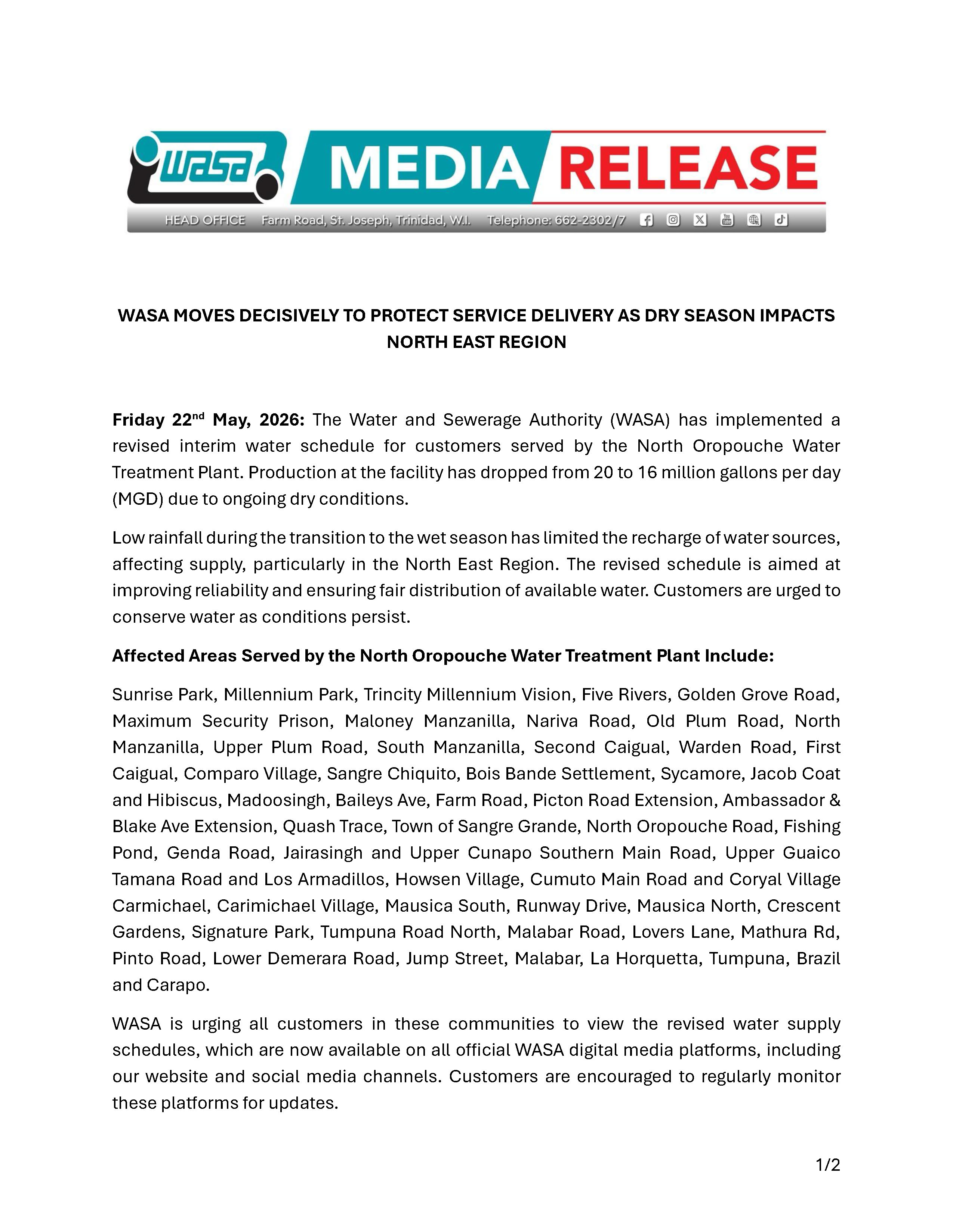 Interim Supply in Place for Customers Served by the North Oropouche Water Treatment Plant
